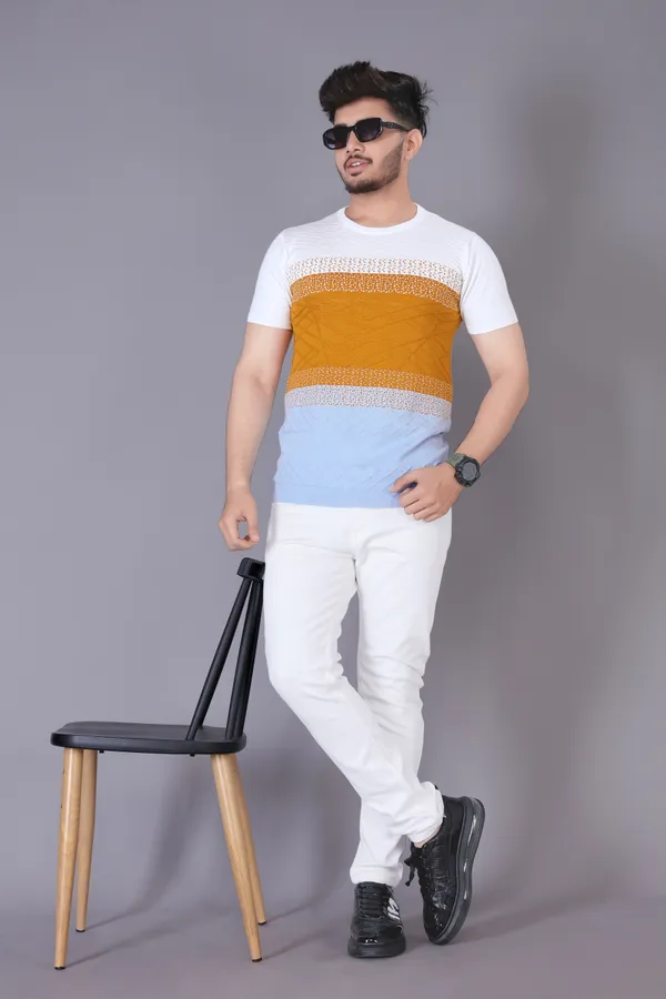 Mustard,_White_&_Light_Blue_Cotton_Colorblock_Regular_Tshirt_For_Men