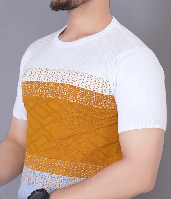 Mustard,_White_&_Light_Blue_Cotton_Colorblock_Regular_Tshirt_For_Men