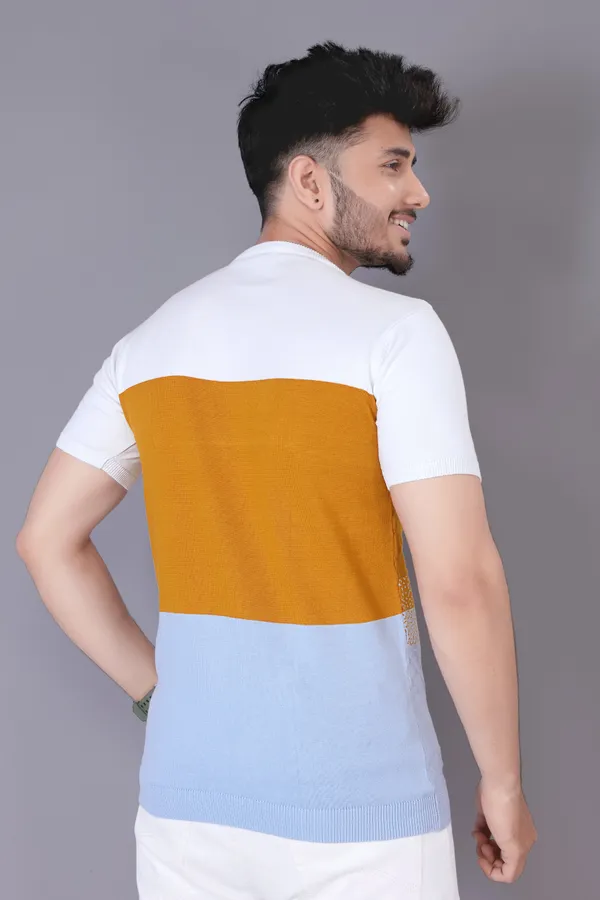 Mustard,_White_&_Light_Blue_Cotton_Colorblock_Regular_Tshirt_For_Men