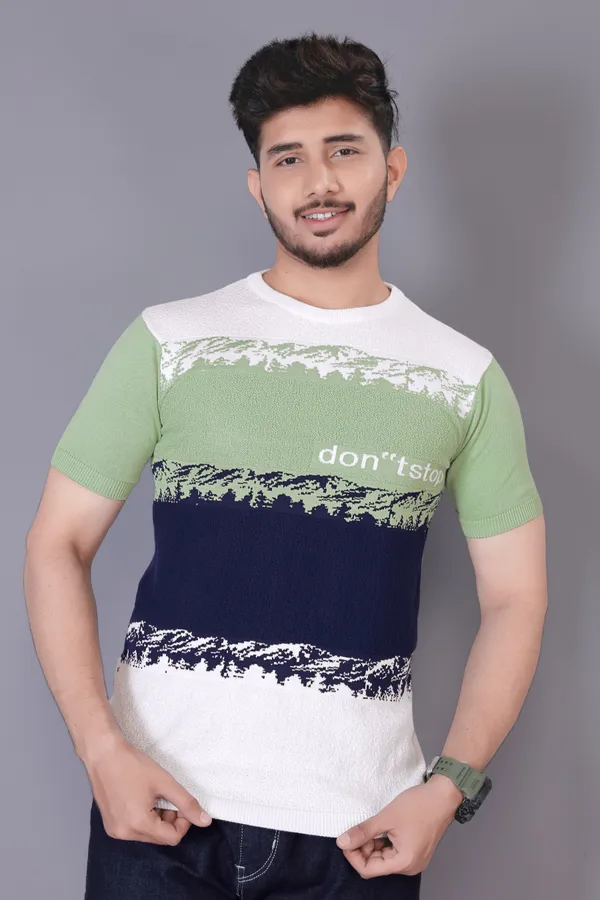 White,_Green_&_Navy_Blue_Cotton_Colorblock_Regular_Tshirt_For_Men