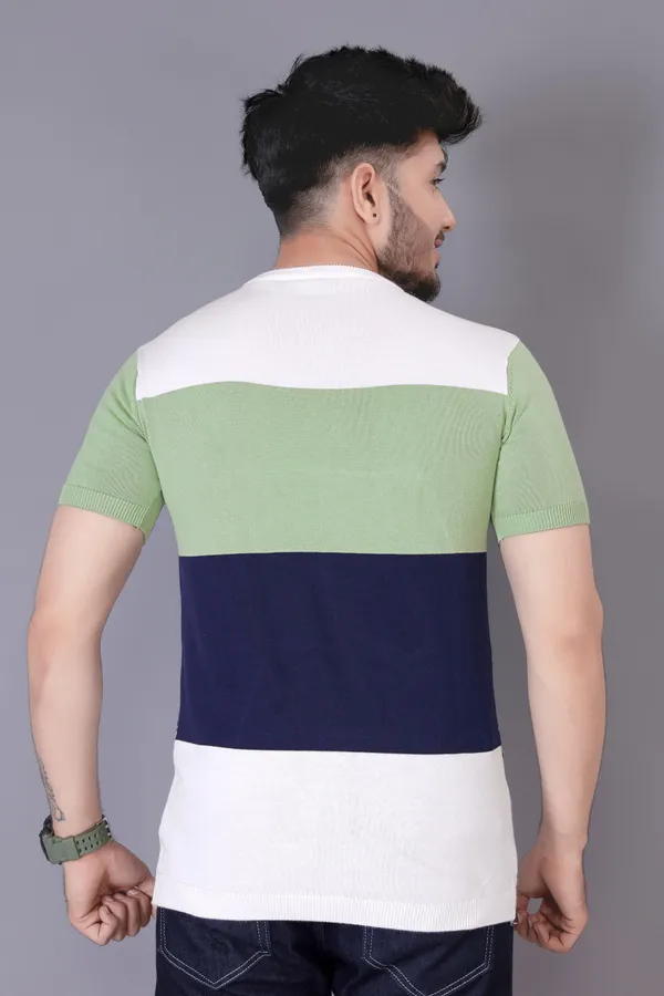 White,_Green_&_Navy_Blue_Cotton_Colorblock_Regular_Tshirt_For_Men