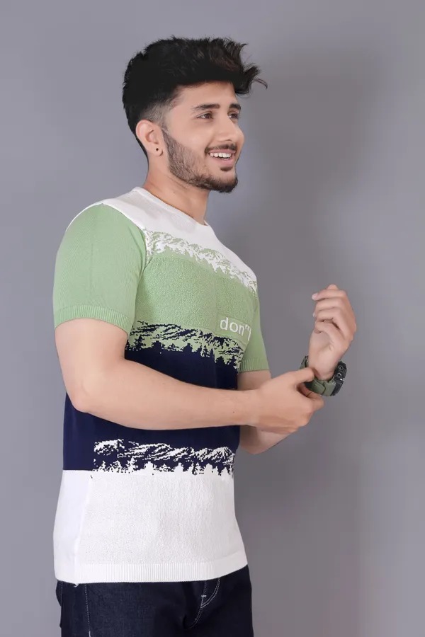White,_Green_&_Navy_Blue_Cotton_Colorblock_Regular_Tshirt_For_Men