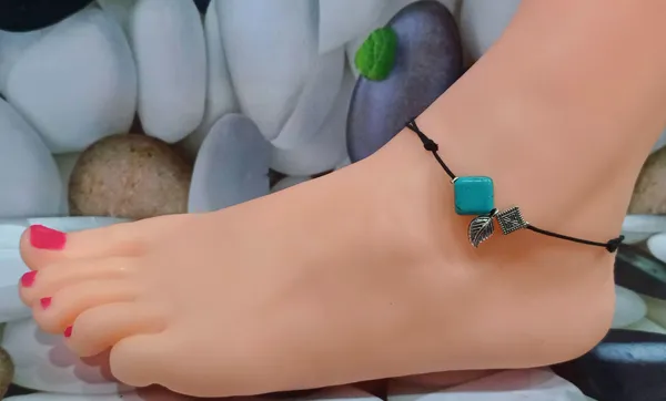Square_Turquoise_+_oxidised_Square_+_Leaf_two_layer_Black_thread_Cotton_Dori_Anklet