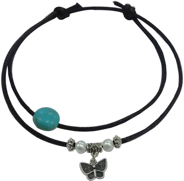 Turquoise_+_Moti___Buterfly_hanging_two_layer_thread_anklet_Cotton_Dori_Anklet