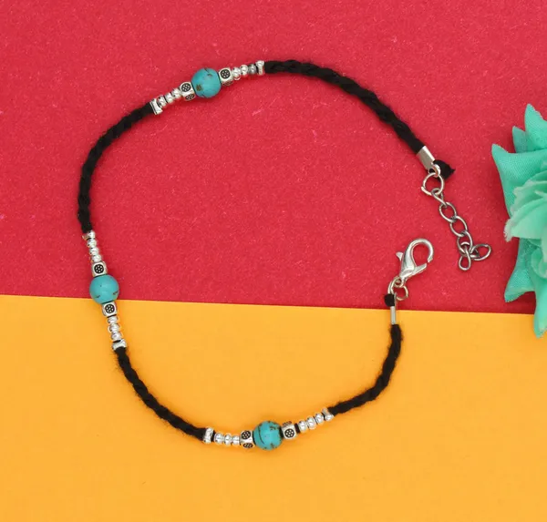 _Stylish_Girls's_Black_Thread_with_Turquoise_,oxidised_beads_Cotton_Dori_Anklet