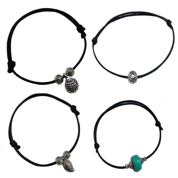 Boho_Beach_Vibe_Adjustable_Black_Thread_Anklet_Set___Pack_of_4_with_Shell,_Bead___Feather_Charms