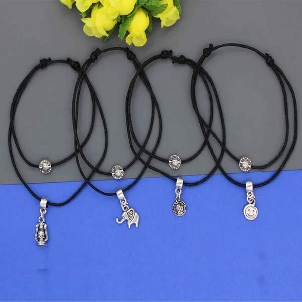 Boho_Charm_Anklets_Set___Black_Braided_Cord_with_Antique_Silver_Pendants_(Set_of_4)