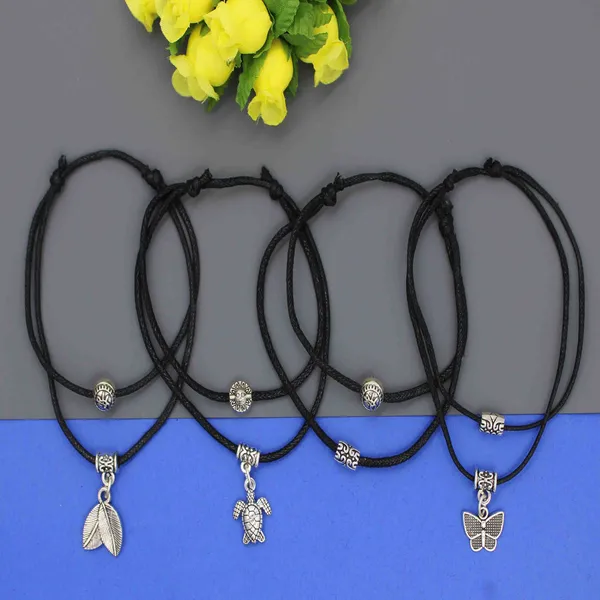 Boho_Charm_Anklets_Set___Black_Braided_Cord_with_Antique_Silver_Pendants_(Set_of_4)