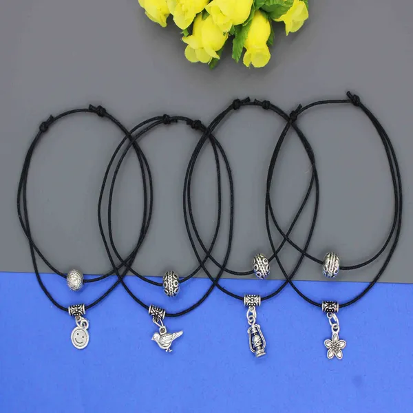 __Boho_Charm_Anklets_Set___Adjustable_Black_Cord_with_Silver_Smile,_Bird,_Lantern___Flower_Pendants_(Set_of_4)