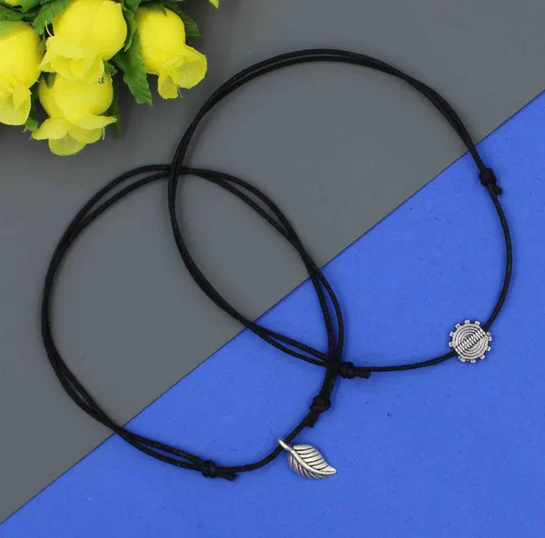Minimal_Boho_Anklet_Duo___Adjustable_Black_Cord_with_Tribal_Bead___Leaf_Charm_(Set_of_2)
