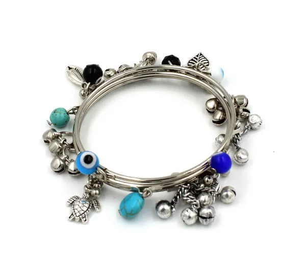 Womens_Oxidised_4_Bangles_with_Turquoise,Evileye,Gungru_Beads_Charm_Bangles_Set