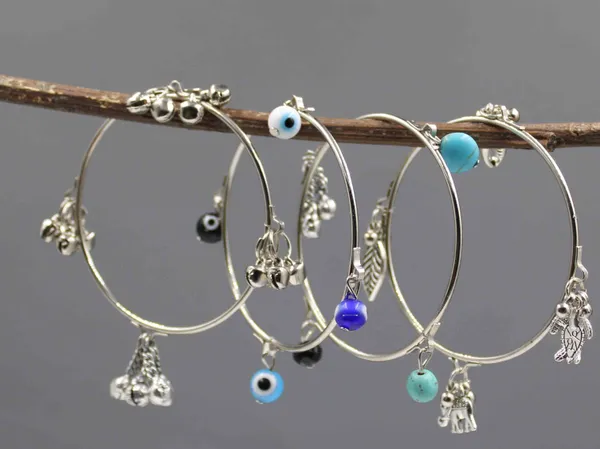 Womens_Oxidised_4_Bangles_with_Turquoise,Evileye,Gungru_Beads_Charm_Bangles_Set