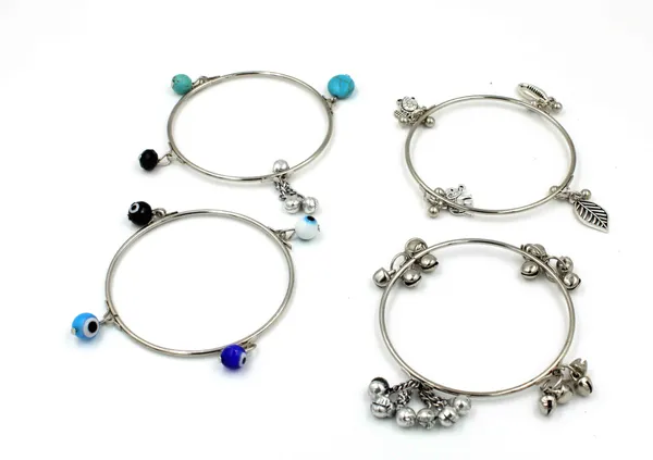 Womens_Oxidised_4_Bangles_with_Turquoise,Evileye,Gungru_Beads_Charm_Bangles_Set
