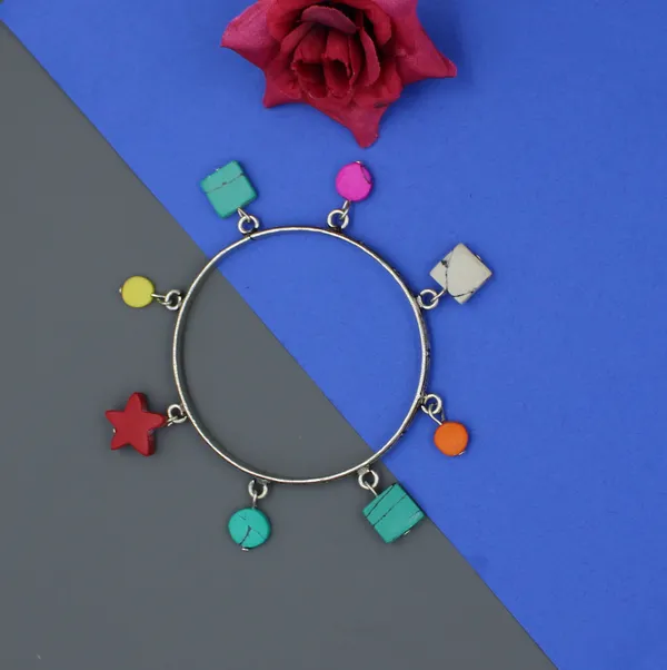 Boho_Multicolor_Charm_Bangle/_Bracelet_with_Oxidised_Finish
