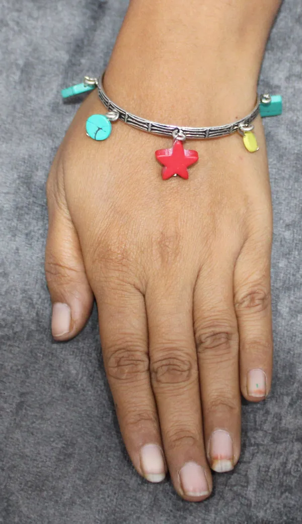 Boho_Multicolor_Charm_Bangle/_Bracelet_with_Oxidised_Finish