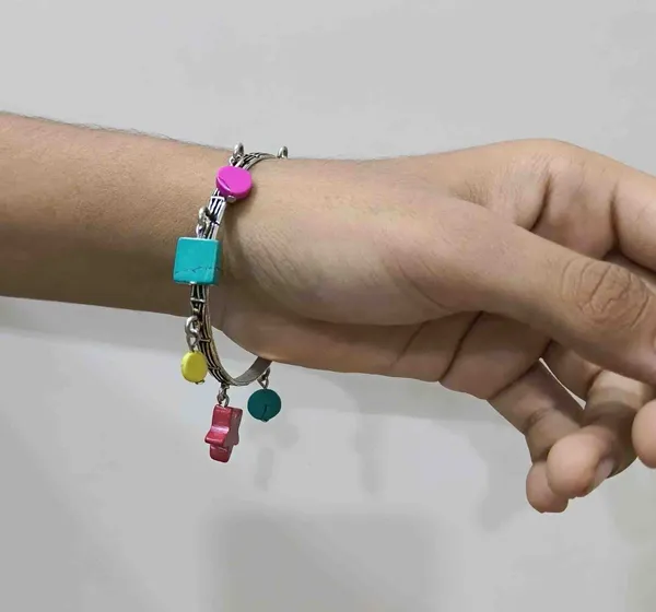 Boho_Multicolor_Charm_Bangle/_Bracelet_with_Oxidised_Finish