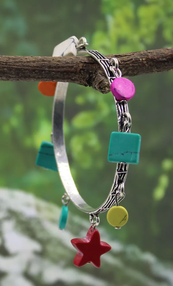 Boho_Multicolor_Charm_Bangle/_Bracelet_with_Oxidised_Finish