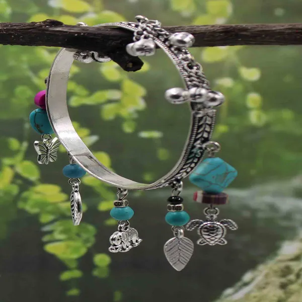 Boho_Charm_Oxidised_Bangle_With_Turquoise_Beads__Multicharm_Design