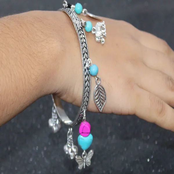 Boho_Charm_Oxidised_Bangle_With_Turquoise_Beads__Multicharm_Design