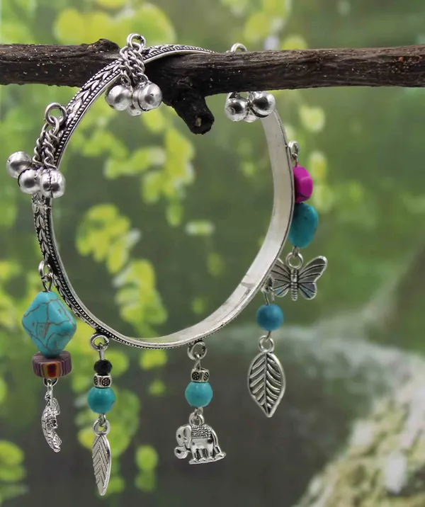 Boho_Charm_Oxidised_Bangle_With_Turquoise_Beads__Multicharm_Design