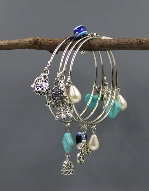 Oxidised_4_Bangles_with_Turquoise,Evileye,Gungru,Gun_Metal_Beads_Charm_Bangles_Set