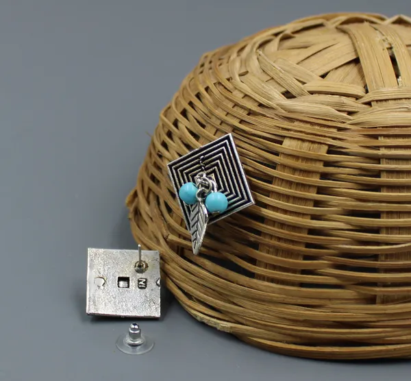 Oxidized_Square_Stud_Earrings_with_Leaf_Charm___Blue_Beads