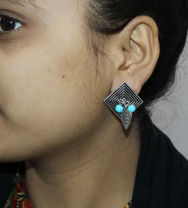 Oxidized_Square_Stud_Earrings_with_Leaf_Charm___Blue_Beads