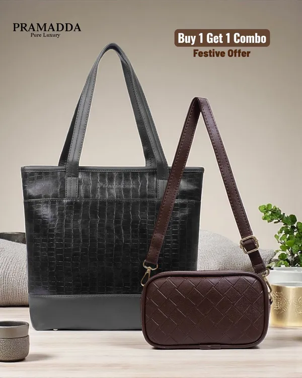 Black_Keesha_Tote_Bag_&_Brown_Emboss_Edc_Sling_Bag_Combo_–_Premium_Vegan_Leather_|_Buy_1_Get_1_Festive_Offer