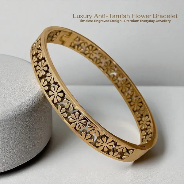 Flower_Engraved_Gold_Plate_Anti_Tarnish_Bracelet