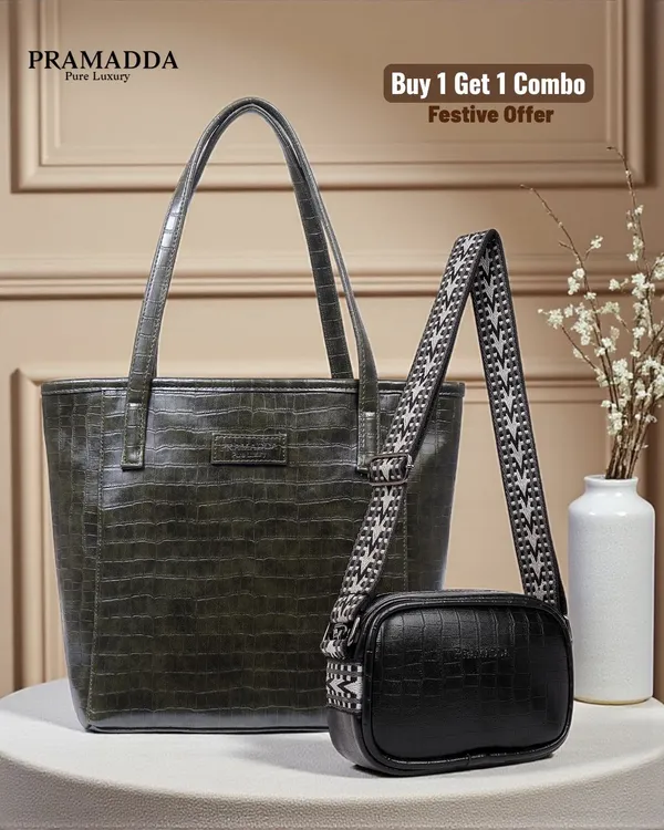 Forest_Green_Rachel_Tote_&_Black_Dona_Sling_Combo_–_Croco_Vegan_Leather_|_Festive_Buy_1_Get_1_Offer