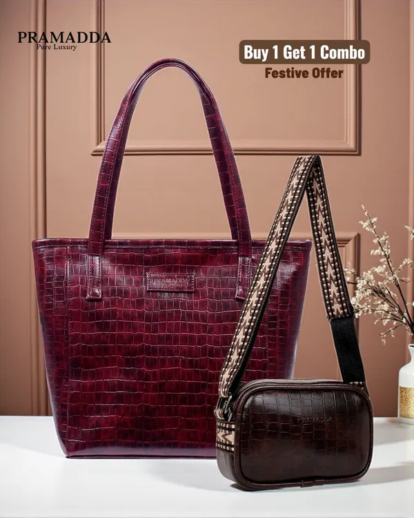 Wine_Rachel_Tote_&_Brown_Dona_Sling_Combo_–_Croco_Vegan_Leather_|_Festive_Buy_1_Get_1_Offer