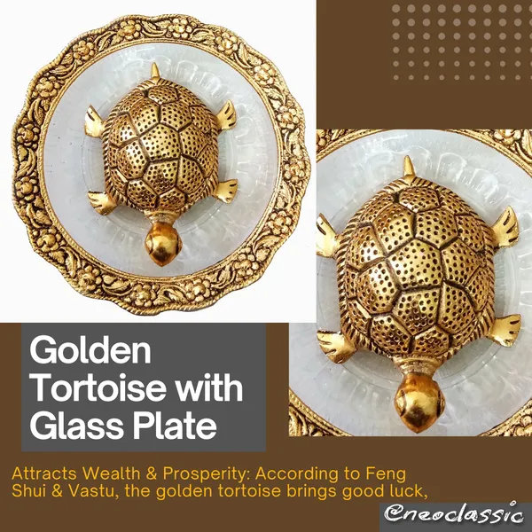 NEO_CLASSIC_Feng_Shui_Golden_Tortoise_with_Glass_Plate_|_Kachua_Vastu_Showpiece_for_Good_Luck_&_Wealth_|_Decorative_Turtle_Idol_(6_Inch,_Round)