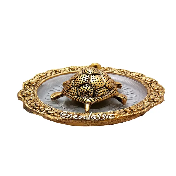 NEO_CLASSIC_Feng_Shui_Golden_Tortoise_with_Glass_Plate_|_Kachua_Vastu_Showpiece_for_Good_Luck_&_Wealth_|_Decorative_Turtle_Idol_(6_Inch,_Round)