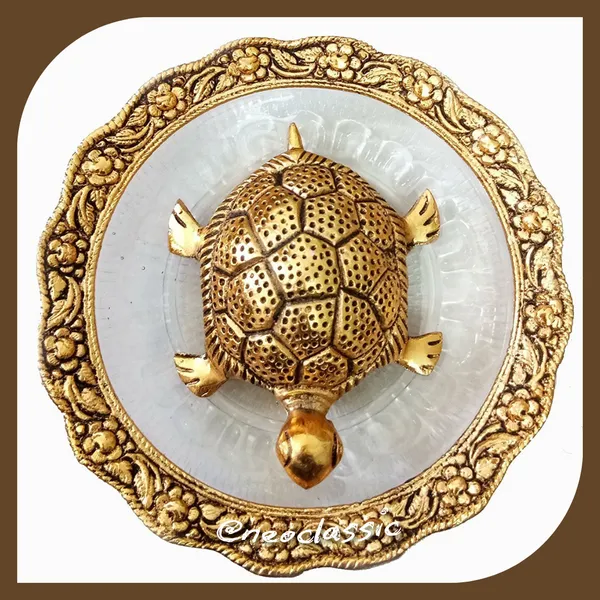 NEO_CLASSIC_Feng_Shui_Golden_Tortoise_with_Glass_Plate_|_Kachua_Vastu_Showpiece_for_Good_Luck_&_Wealth_|_Decorative_Turtle_Idol_(6_Inch,_Round)