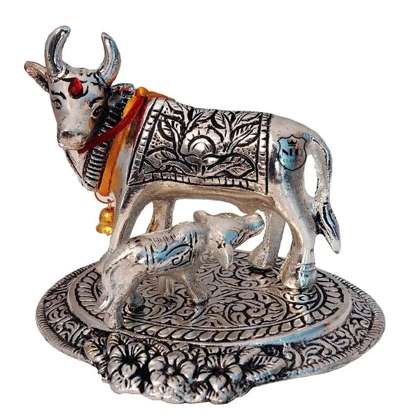 NEO_CLASSIC_Aluminium_Metal_Cow_with_Calf_Statue_|_Silver_Plated_&_Antique_Finish_|_Decorative_Showpiece_for_Home,_Office,_Temple_&_Gifting