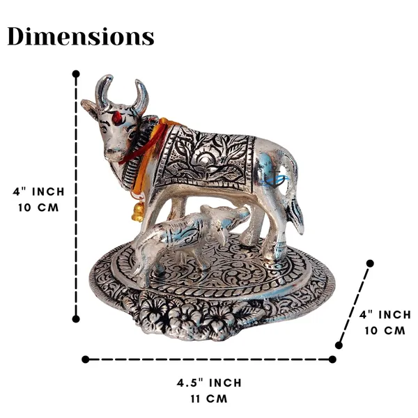 NEO_CLASSIC_Aluminium_Metal_Cow_with_Calf_Statue_|_Silver_Plated_&_Antique_Finish_|_Decorative_Showpiece_for_Home,_Office,_Temple_&_Gifting