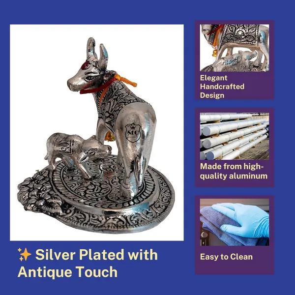 NEO_CLASSIC_Aluminium_Metal_Cow_with_Calf_Statue_|_Silver_Plated_&_Antique_Finish_|_Decorative_Showpiece_for_Home,_Office,_Temple_&_Gifting