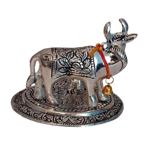 NEO_CLASSIC_Aluminium_Metal_Cow_with_Calf_Statue_|_Silver_Plated_&_Antique_Finish_|_Decorative_Showpiece_for_Home,_Office,_Temple_&_Gifting