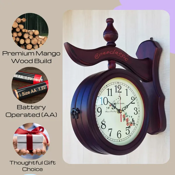 NEO_CLASSIC_Double-Sided_Vintage_Station_Wall_Clock_|_Mango_Wood_Decorative_Railway_Clock_|_Antique_Brown_Wall_Mounted_Clock_with_8-Inch_Dial_for_Home_&_Office_Décor