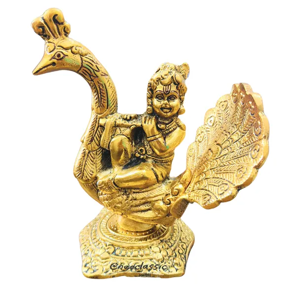 NEO_CLASSIC_Krishna_Idol_with_Peacock_Design_|_Gold_Color_Aluminium_Metal_Showpiece_for_Home_Temple_&_Decor_(6_Inch)