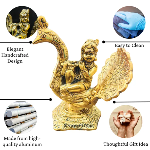 NEO_CLASSIC_Krishna_Idol_with_Peacock_Design_|_Gold_Color_Aluminium_Metal_Showpiece_for_Home_Temple_&_Decor_(6_Inch)