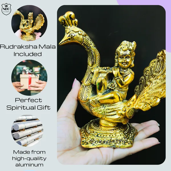 NEO_CLASSIC_Krishna_Idol_with_Peacock_Design_|_Gold_Color_Aluminium_Metal_Showpiece_for_Home_Temple_&_Decor_(6_Inch)