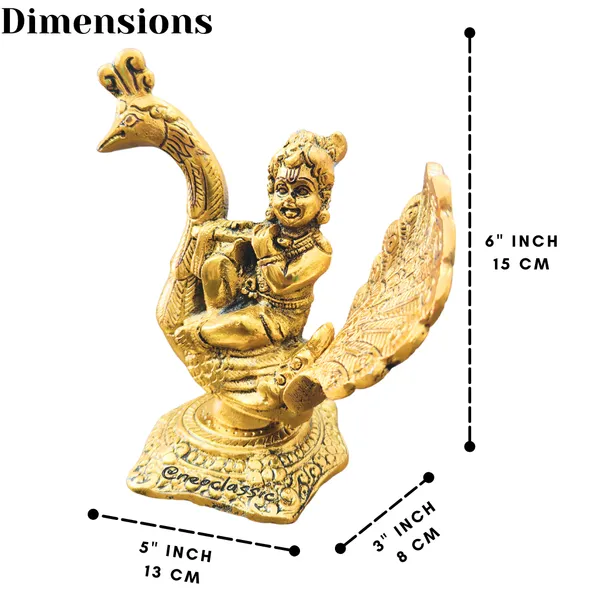 NEO_CLASSIC_Krishna_Idol_with_Peacock_Design_|_Gold_Color_Aluminium_Metal_Showpiece_for_Home_Temple_&_Decor_(6_Inch)