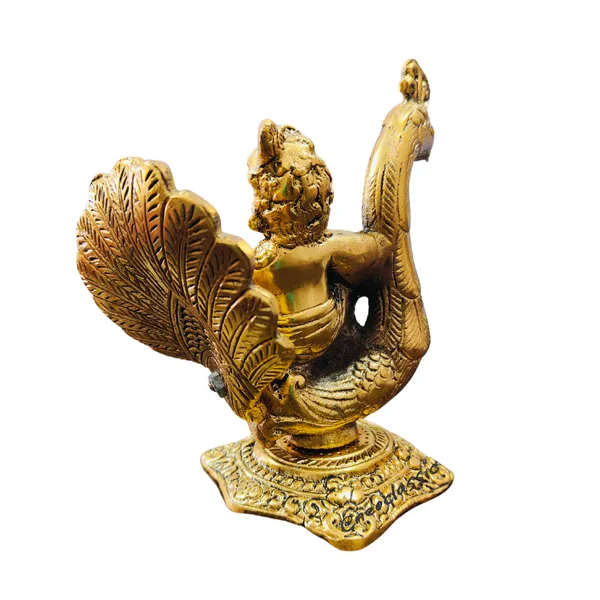 NEO_CLASSIC_Krishna_Idol_with_Peacock_Design_|_Gold_Color_Aluminium_Metal_Showpiece_for_Home_Temple_&_Decor_(6_Inch)