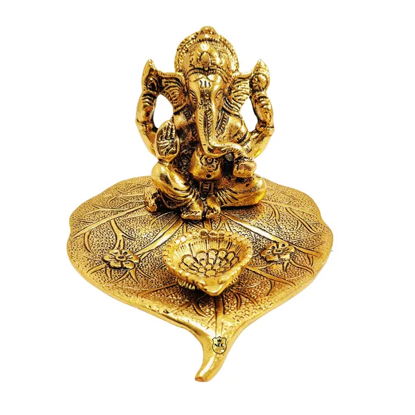 Ganesh_Idol_on_Leaf_with_Deepak_Lord_Ganesha_Metal_Handcrafted_Idol_with_Diya_Home_Decorative,_Puja,_Corporate_Spiritual_Gift_Gold_Finish