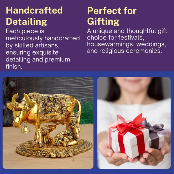 NEO_CLASSIC_Aluminium_Metal_Cow_with_Calf_Statue_|_Gold_Plated_Antique_Finish_Kamdhenu_Decorative_Showpiece_for_Home,_Office,_Temple_&_Gifting