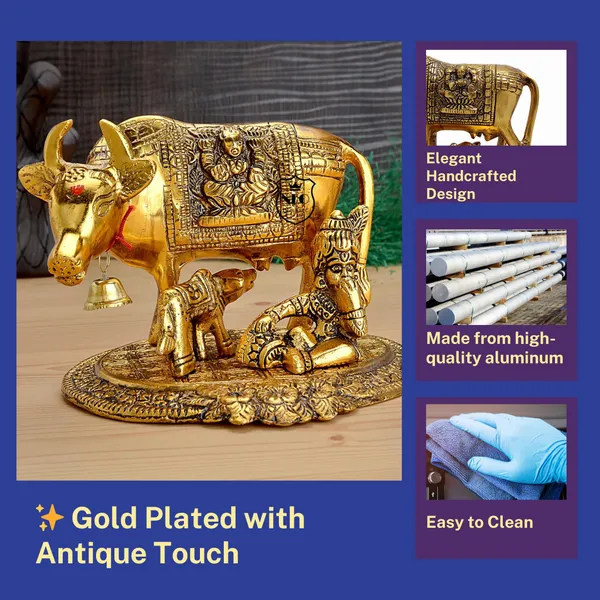 NEO_CLASSIC_Aluminium_Metal_Cow_with_Calf_Statue_|_Gold_Plated_Antique_Finish_Kamdhenu_Decorative_Showpiece_for_Home,_Office,_Temple_&_Gifting