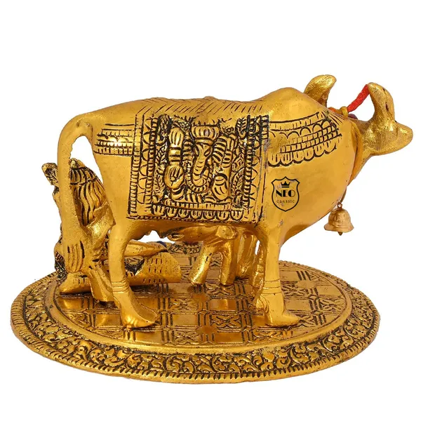NEO_CLASSIC_Aluminium_Metal_Cow_with_Calf_Statue_|_Gold_Plated_Antique_Finish_Kamdhenu_Decorative_Showpiece_for_Home,_Office,_Temple_&_Gifting