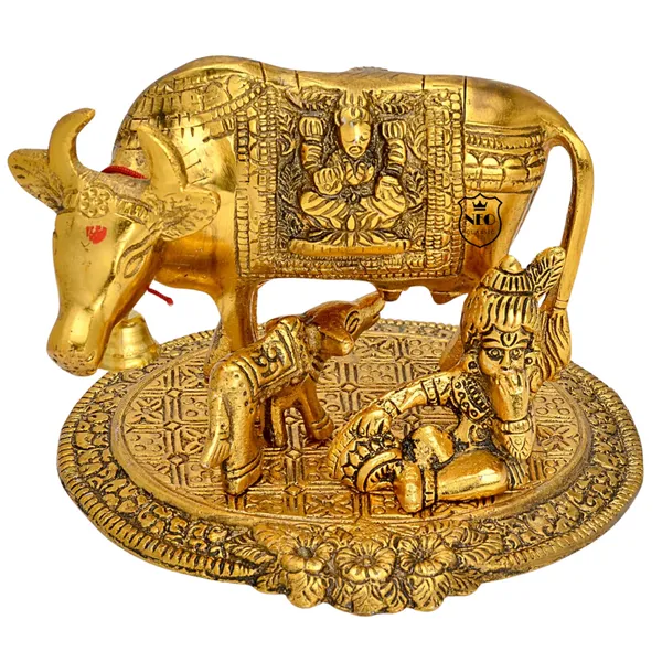 NEO_CLASSIC_Aluminium_Metal_Cow_with_Calf_Statue_|_Gold_Plated_Antique_Finish_Kamdhenu_Decorative_Showpiece_for_Home,_Office,_Temple_&_Gifting