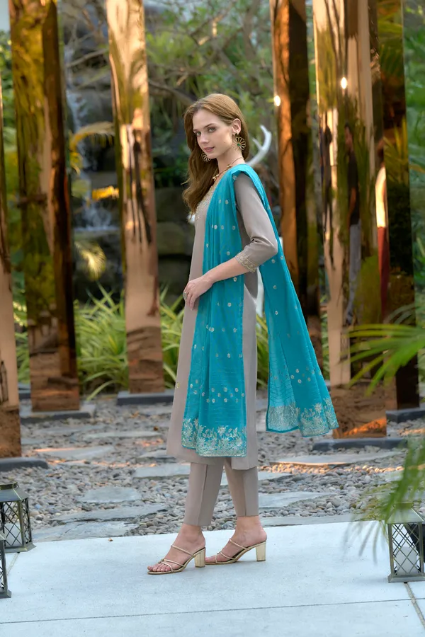 Taupe_Viscose_Kurta,_Pant_&_Dupatta_Set_For_Women_&_Girls